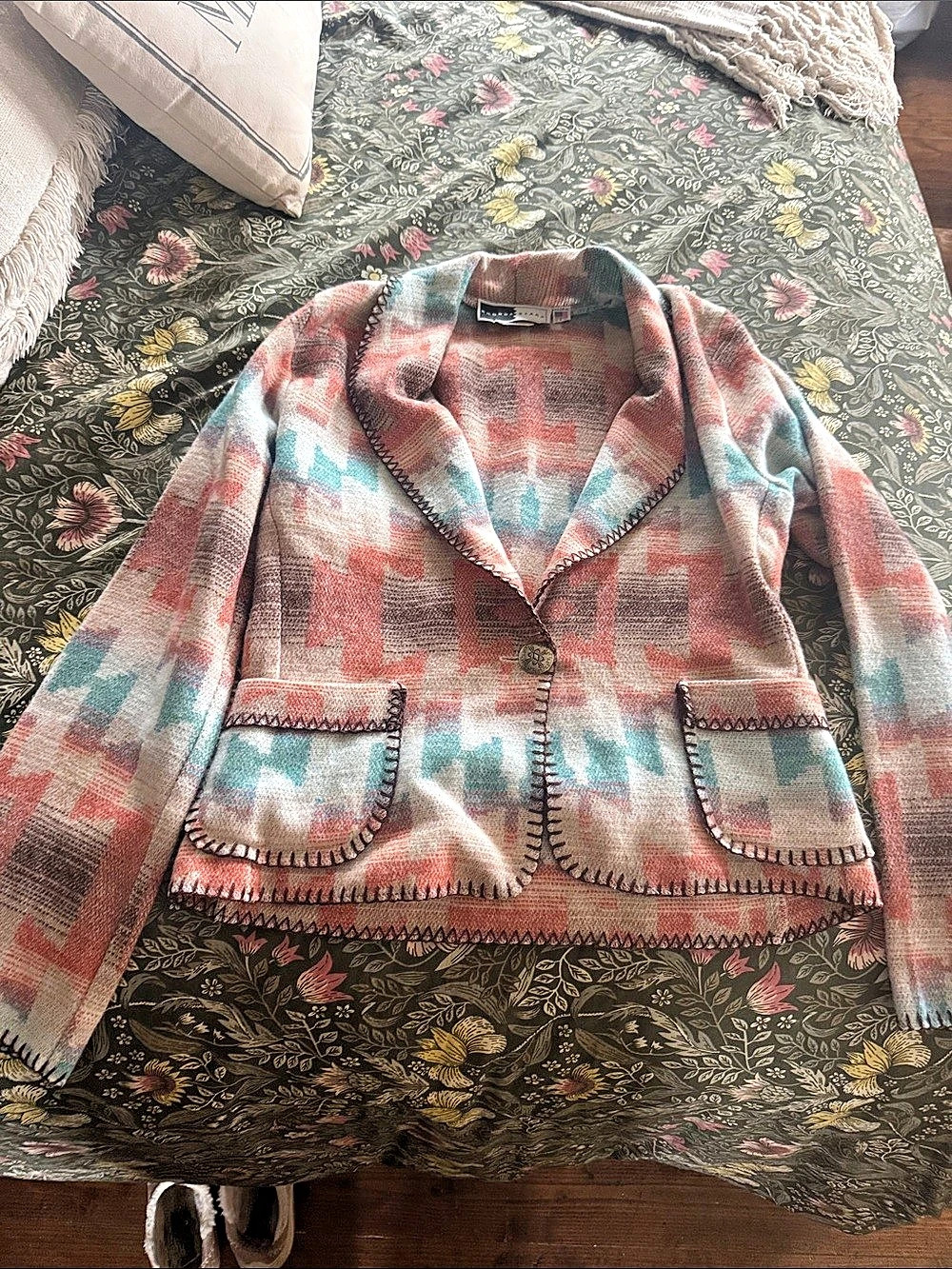 Rhonda Stark Geometric Wool Blend Jacket in Pink & Blue Size XS